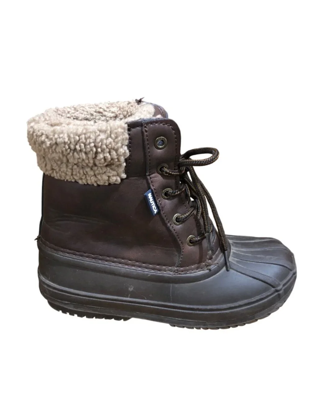 Nautica Danube Snow Winter Duck Boots Kids 3 Brown Faux Leather Sherpa-Lined